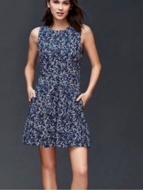 Gap Women's Navy Blue White Printed Sleeveless Linen/Cotton Blend Dress Size 6